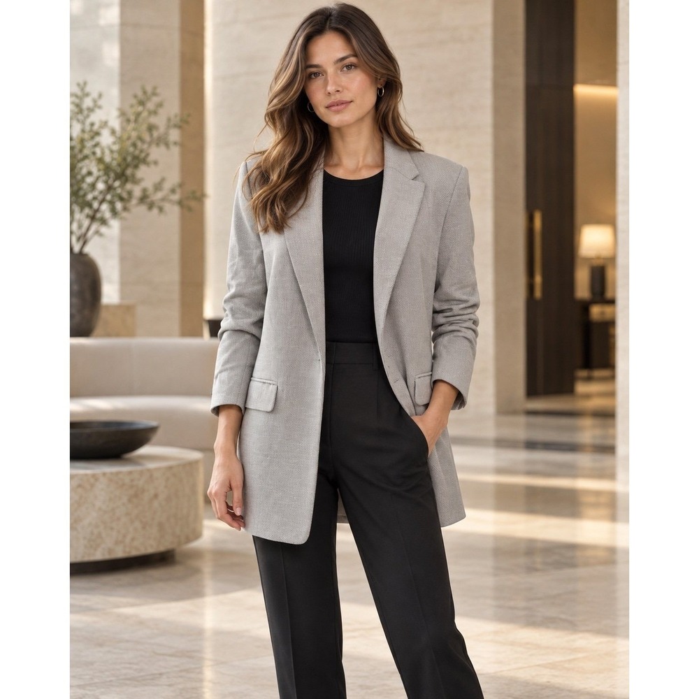 H&M M Light Gray Longline Open Front Blazer Jacket Lined Career Work